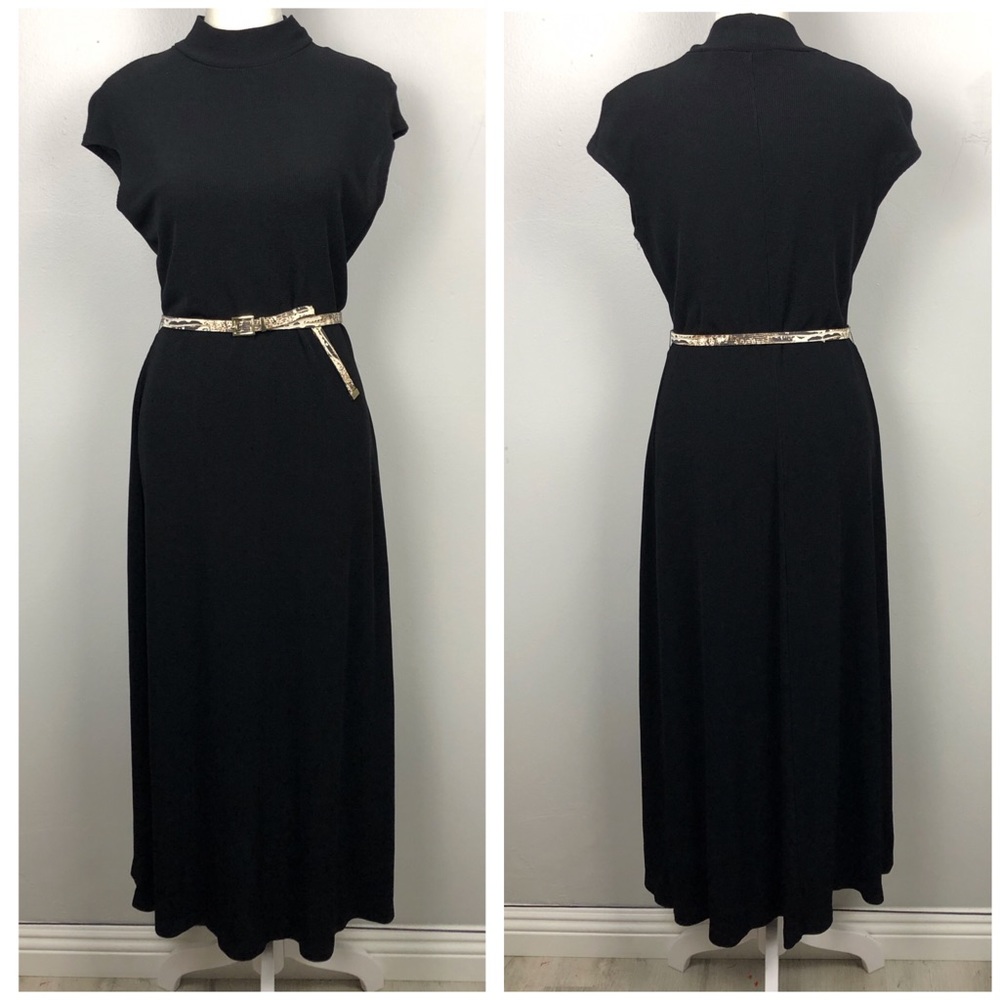 Vintage Black Mock Neck Sleeveless Midi Dress